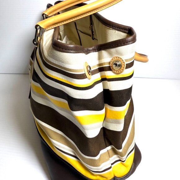 Coach Leather Canvas Striped Brown Yellow & Tan Satchel Bag . New With Tags - Picture 6 of 14